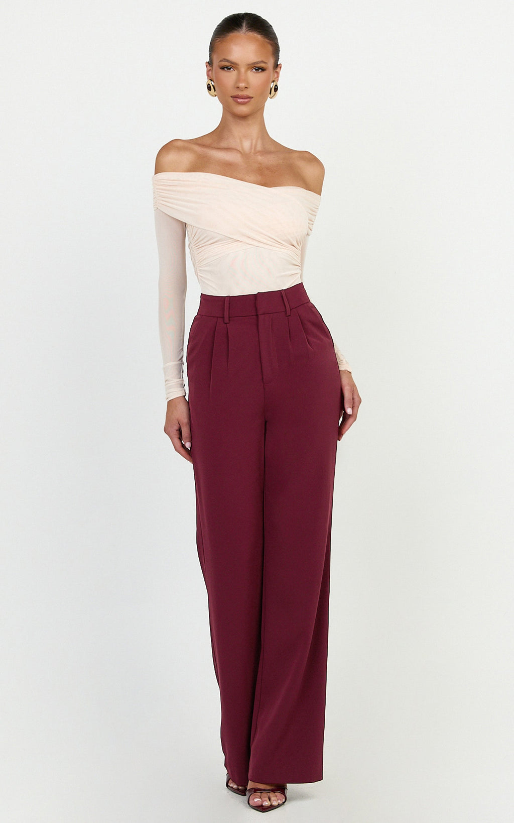 Melissa Pants - Pleat Front Wide Leg Tailored Pants in Wine