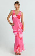 Iris Maxi Dress - Sleeveless V Neckline Dress in Fuschia Floral