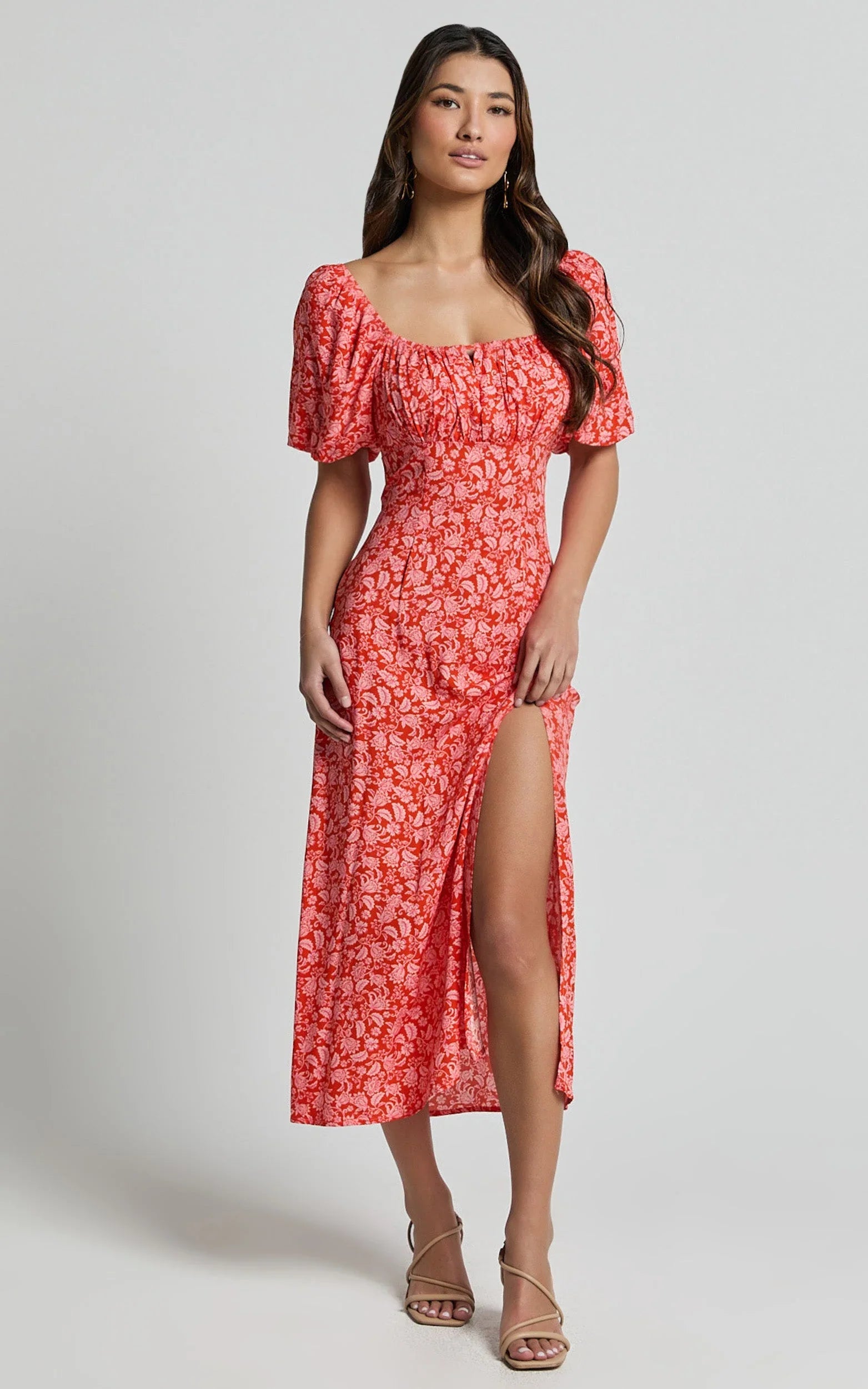 Caitlin Midi Dress - Puff Sleeve Thigh Split Dress in Orange