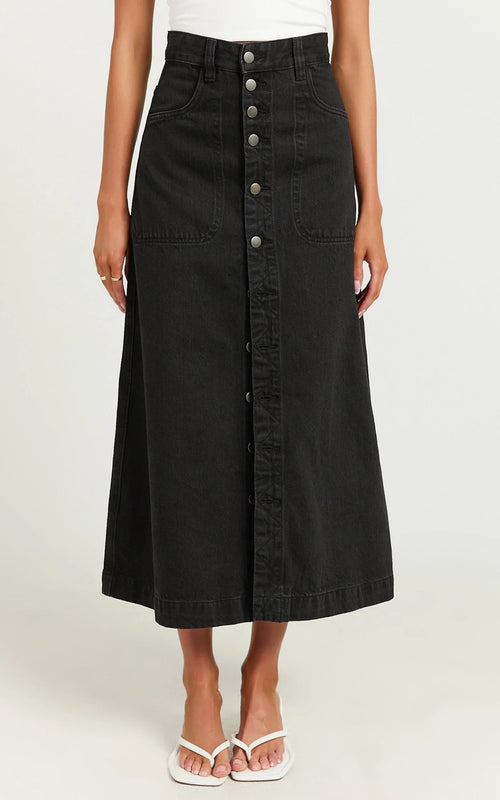 Alisa Midi Skirt - Button Through A Line Denim in Black Wash