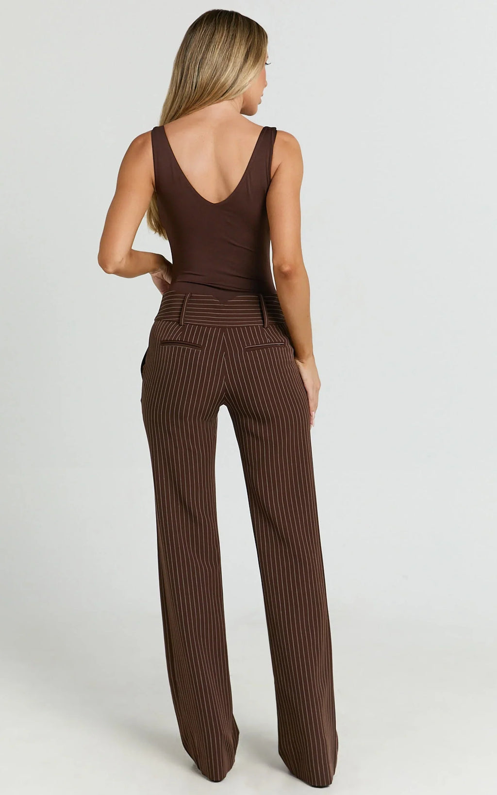 Elliot Pants - Mid Rise Pinstripe Bootleg Pants in Brown Stripe