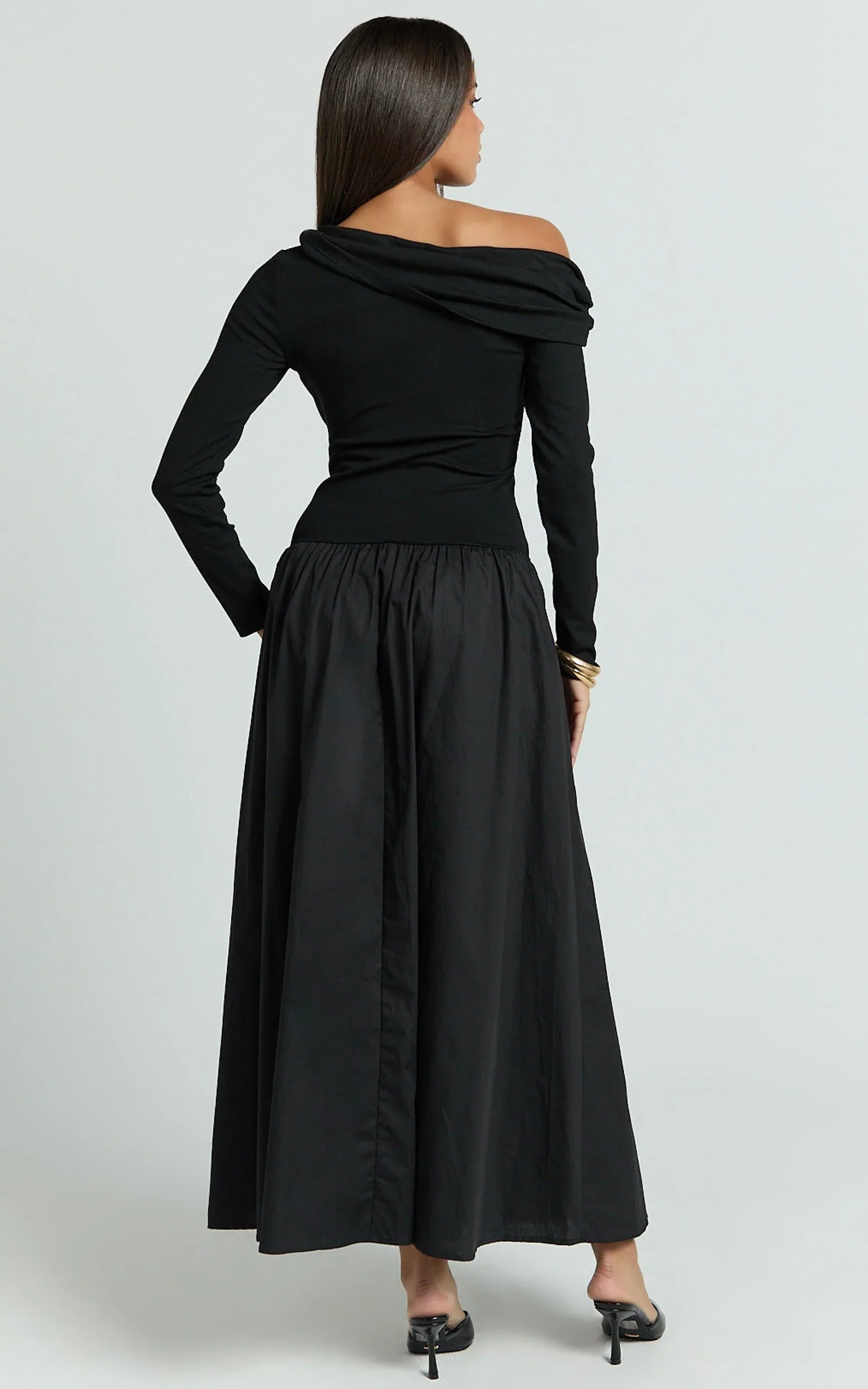 Lorna Midi Dress - One Shoulder Long Sleeve Dress in Black