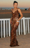 Hilary Maxi Dress - Sheer Cowl Neck Slip Dress in Leopard
