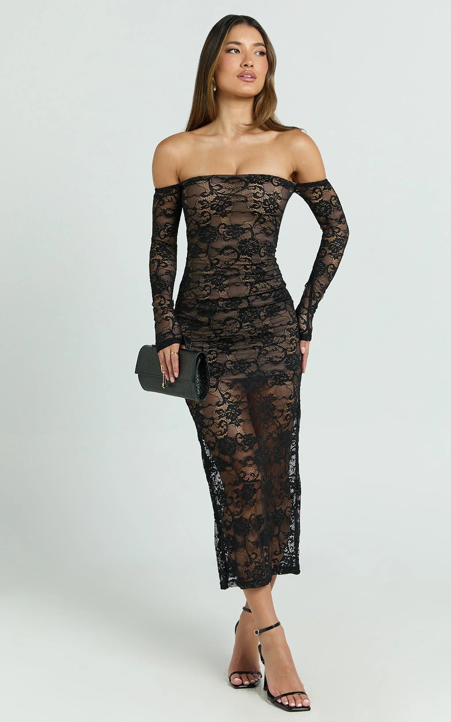 Amery Midi Dress - Off Shoulder Long Sleeve Stretch Fitted Skirt Dress in Black