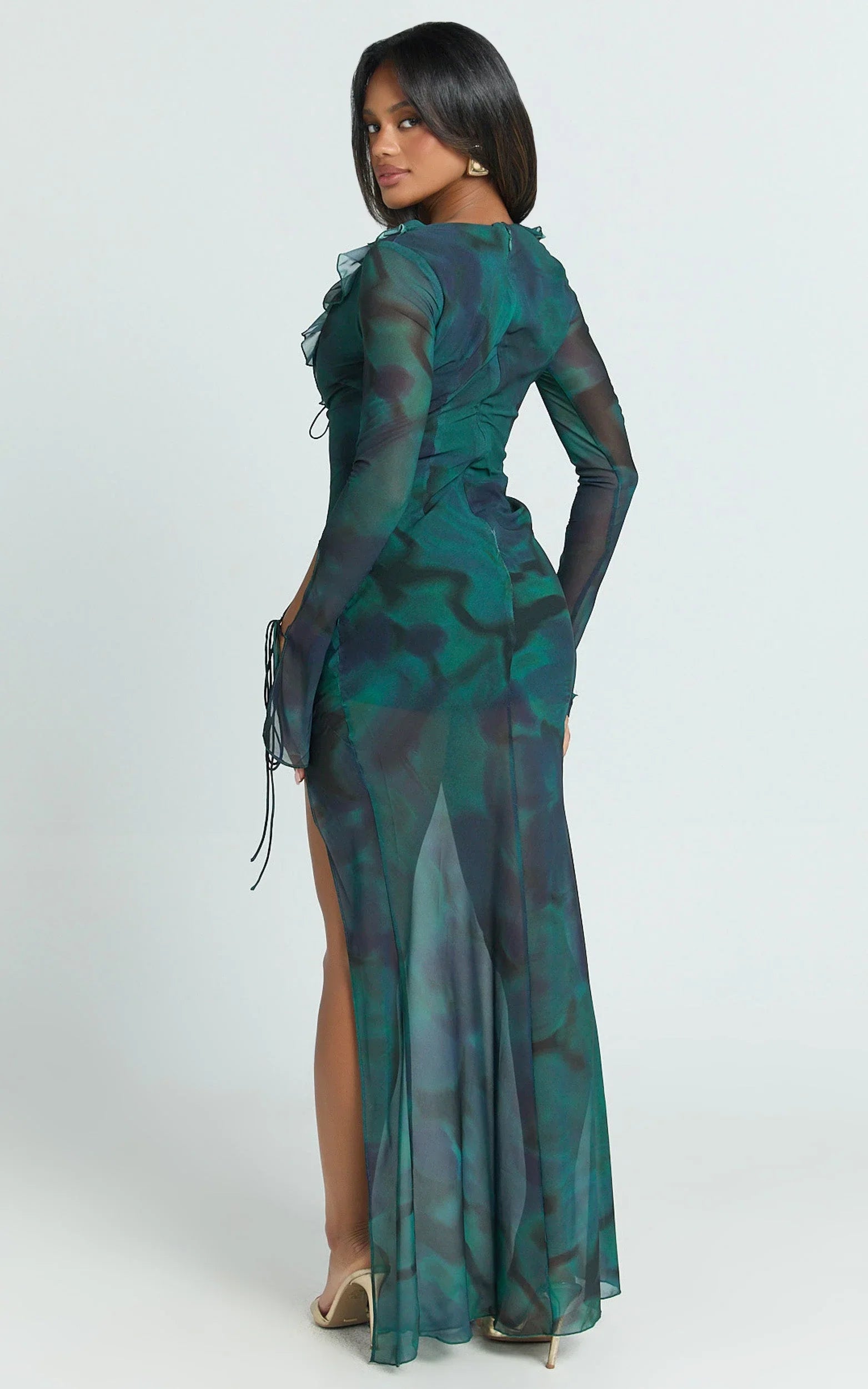 Katie Maxi Dress - Ruffle Plunge Neck Long Sleeve Dress in Green