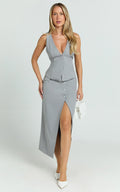 Baylee Midi Skirt - Wrap Front Side Split Skirt in Grey
