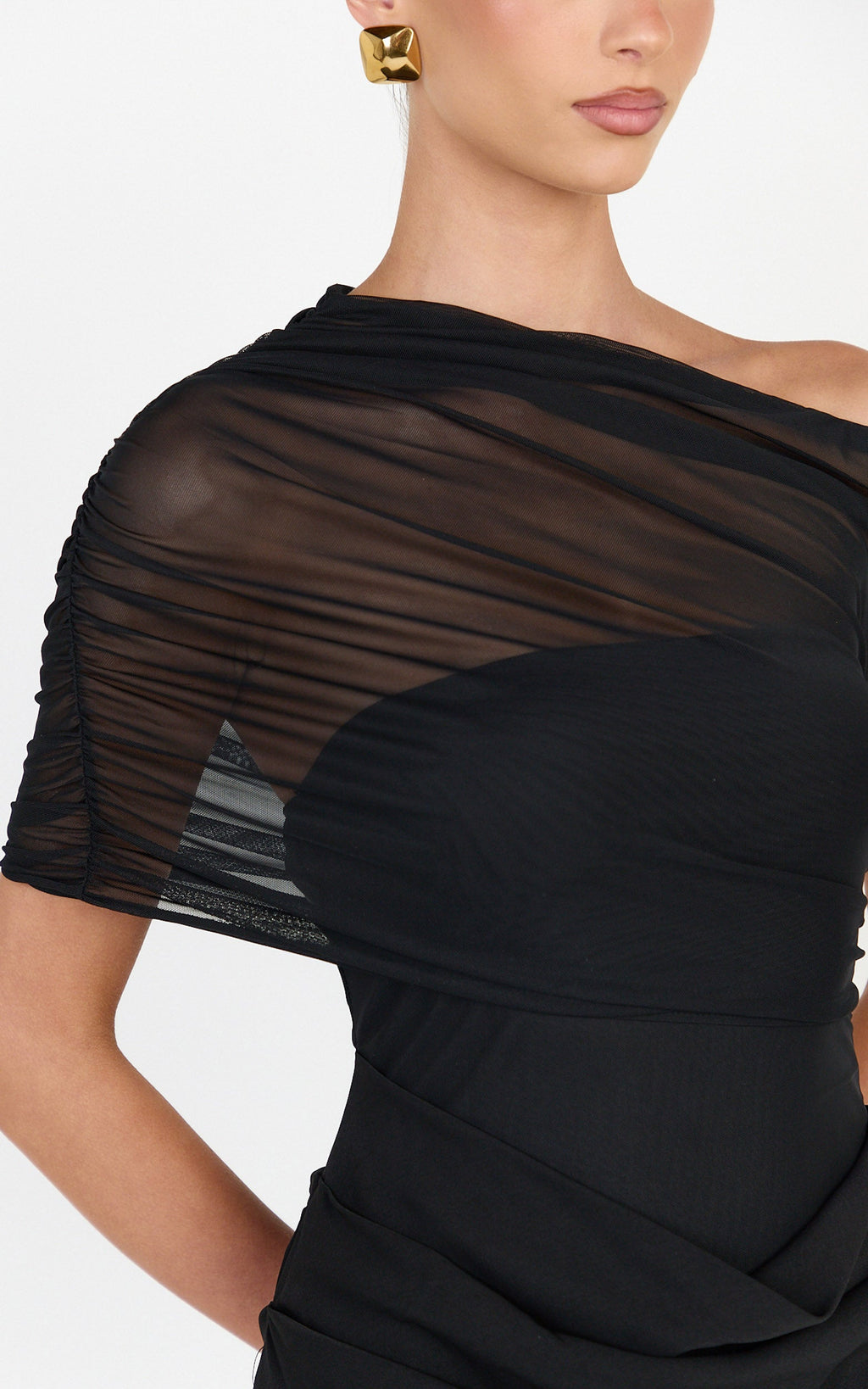 Nami Mini Dress - Overlay Off Shoulder Draped Cowl Waist Dress in Black