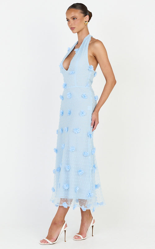 Azalea Midi Dress - Halter Neck 3D Floral Fit And Flare Dress in Blue