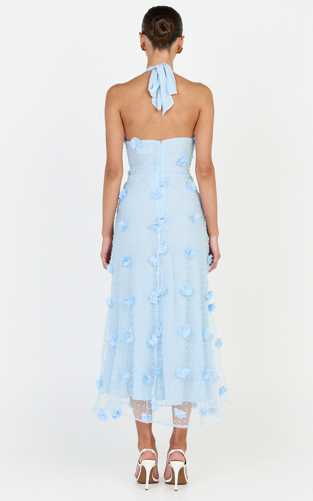 Azalea Midi Dress - Halter Neck 3D Floral Fit And Flare Dress in Blue