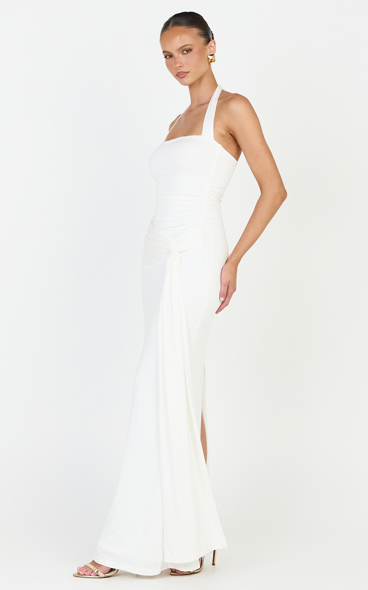 Amaya Maxi Dress - Draped Sash Halter Dress in White