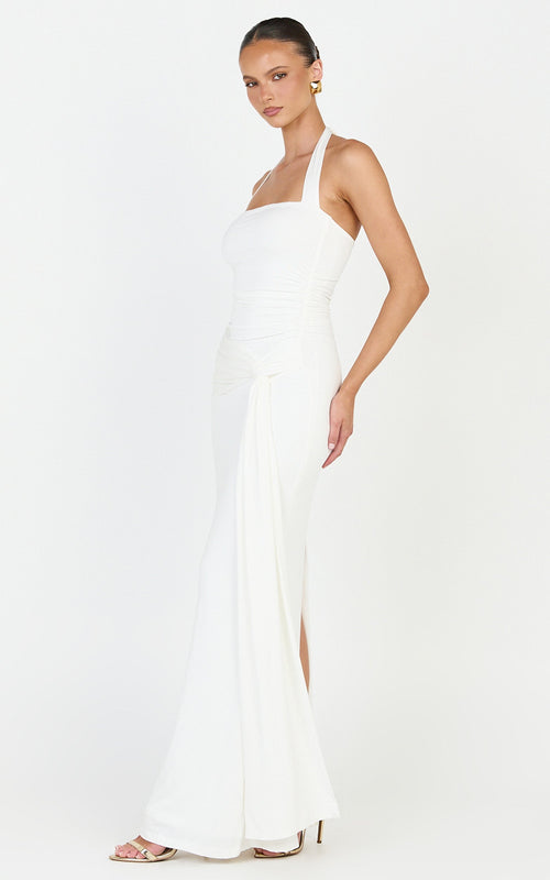 Amaya Maxi Dress - Draped Sash Halter Dress in White
