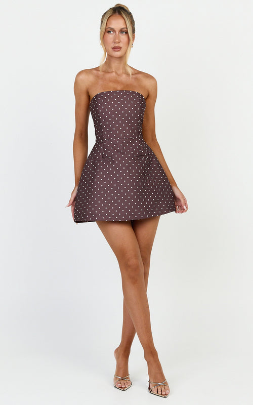 Benson Playsuit - Strapless Fit and Flare Playsuit in Chocolate/Cream Polka Dot
