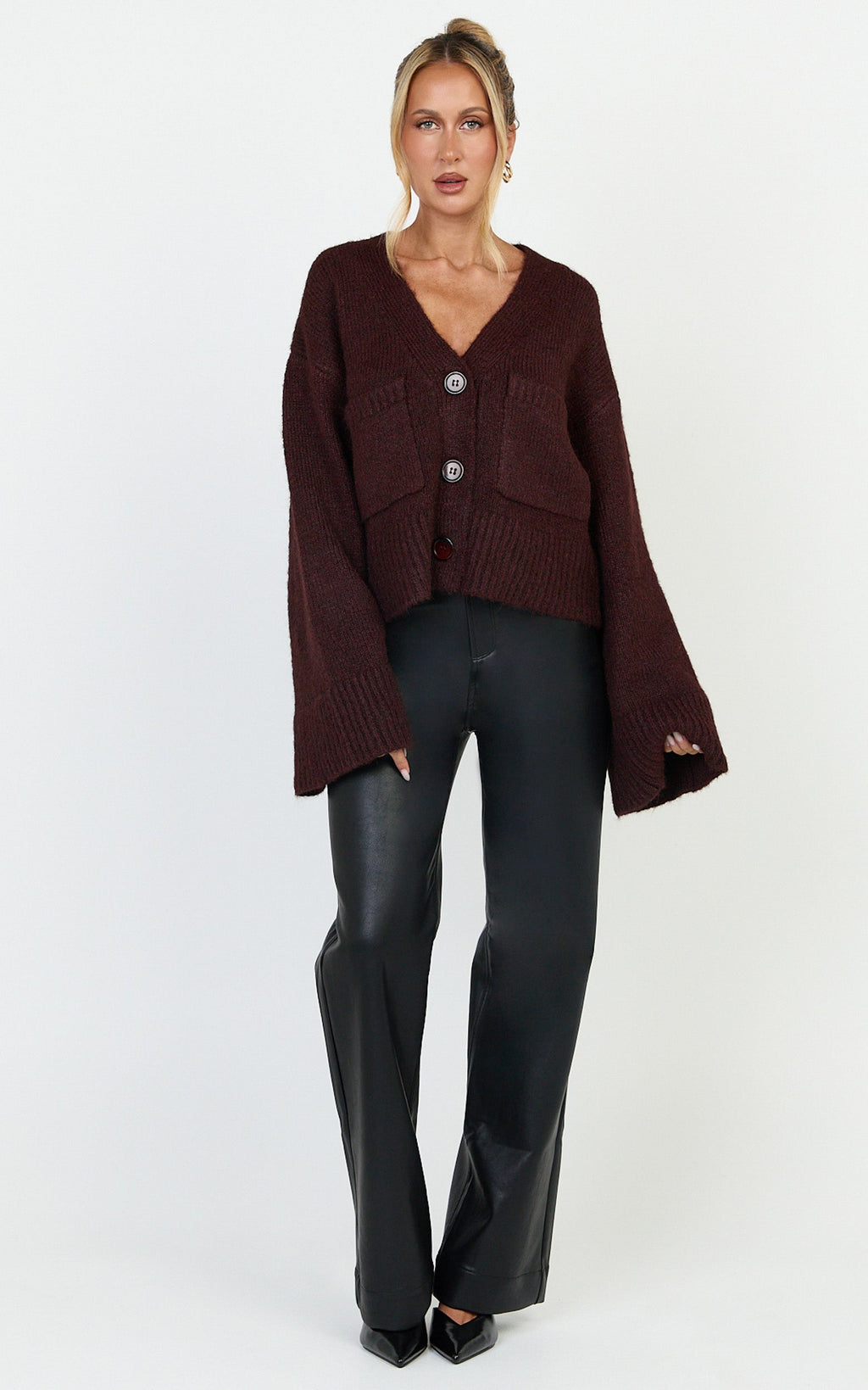 Becka Cardigan - Oversized Recycled Knitted Button Through Cardigan in Wine