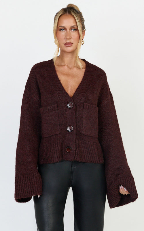 Becka Cardigan - Oversized Recycled Knitted Button Through Cardigan in Wine