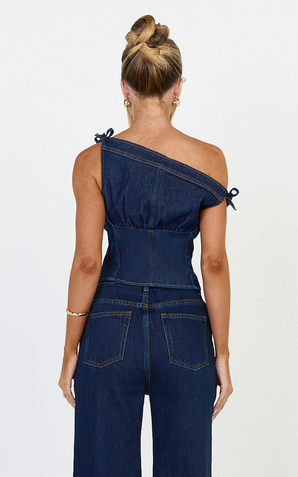 Ivy Top - Asymmetrical Neckline Tie Detail Stretch Denim Top in Dark Blue Wash