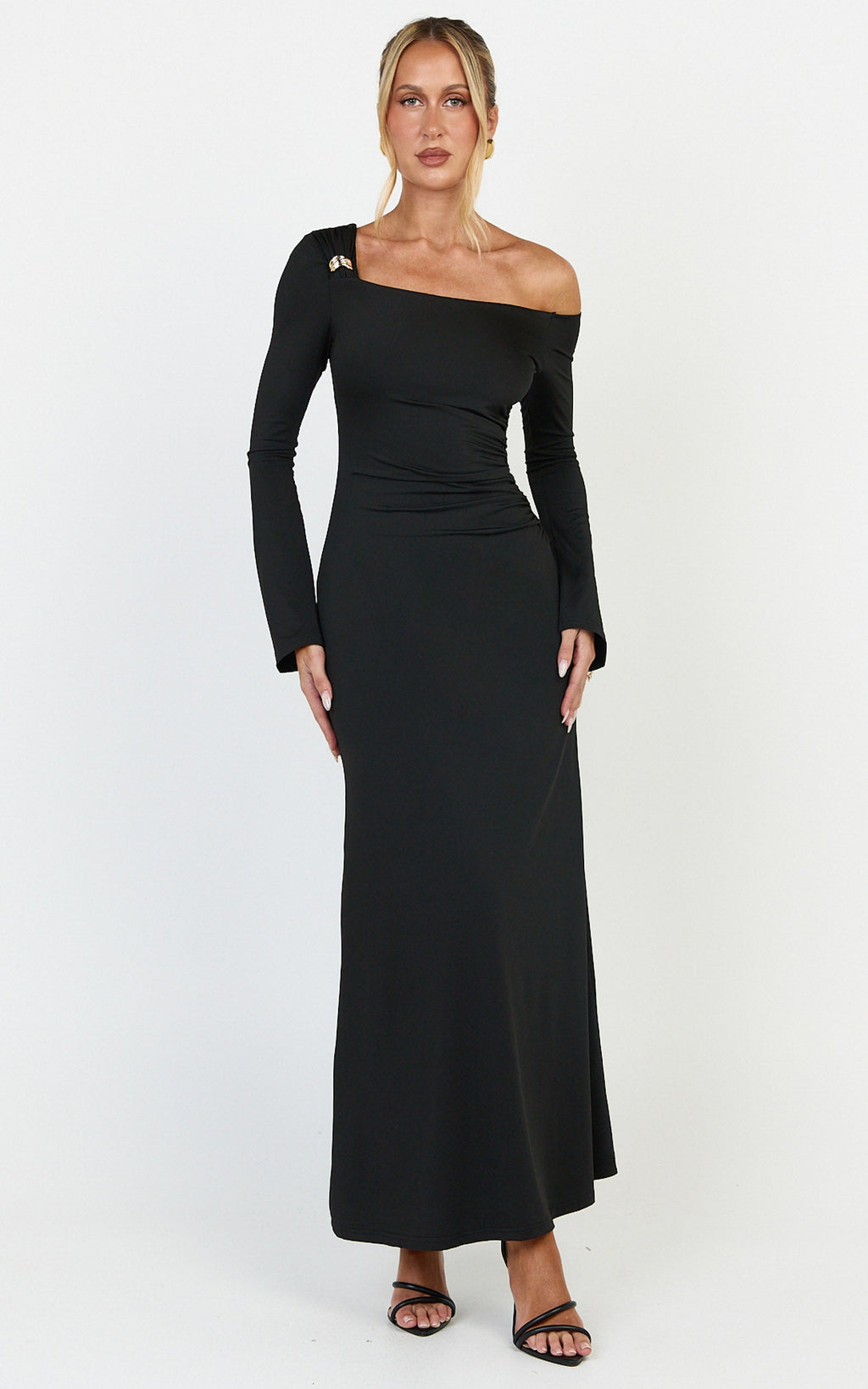 Daisy Maxi Dress - Long Sleeve Gold Hardware Detail Maxi Dress in Black