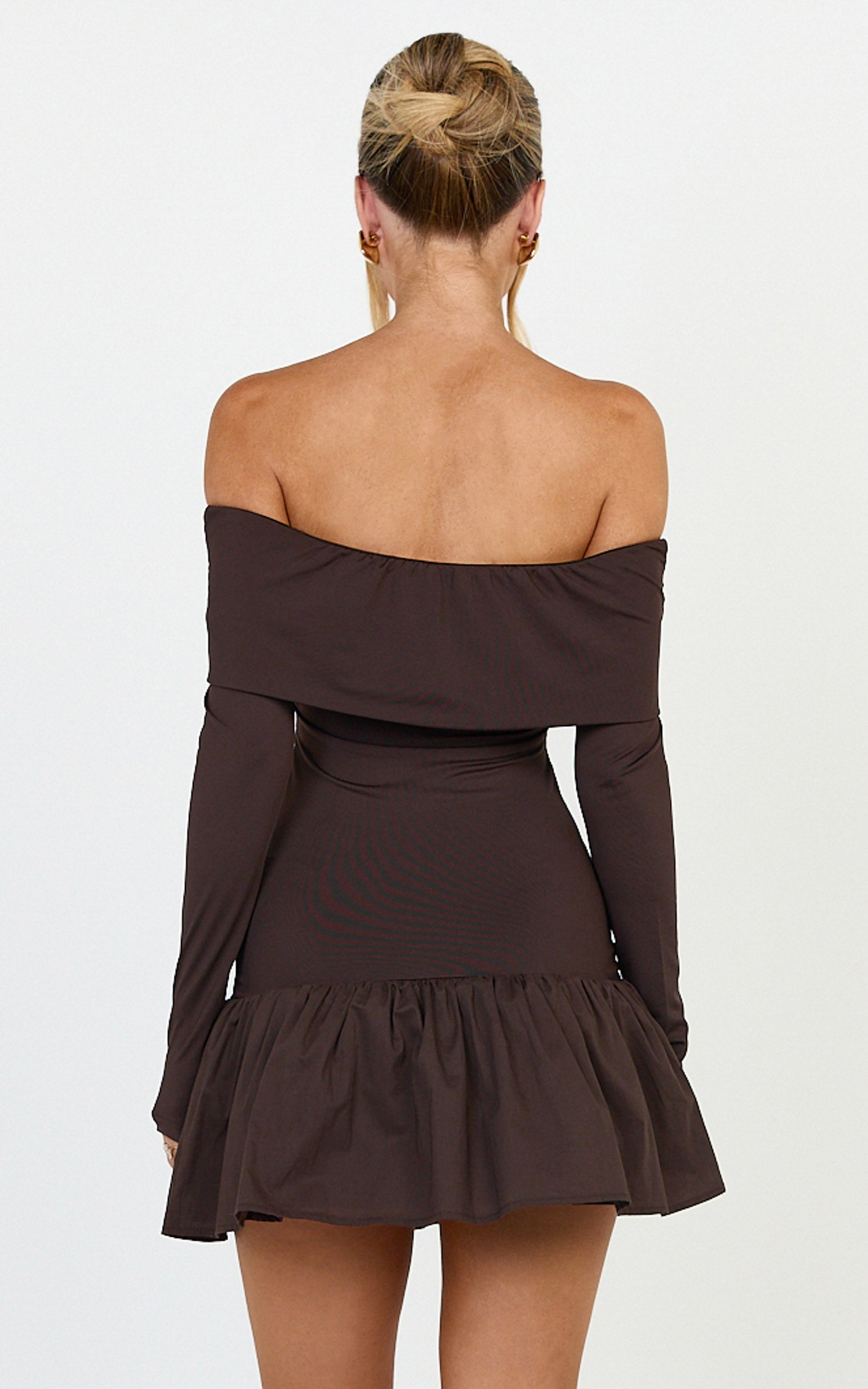Remi Mini Dress - Mixed Media Overlay Detail Off-shoulder Long Sleeve Dropped Waist Mini Dress in Chocolate