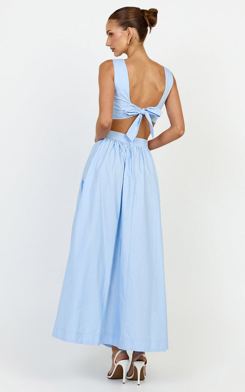 Billie Two Piece Top and Skirt Set - Tie Back Top with Full Maxi Skirt in Blue