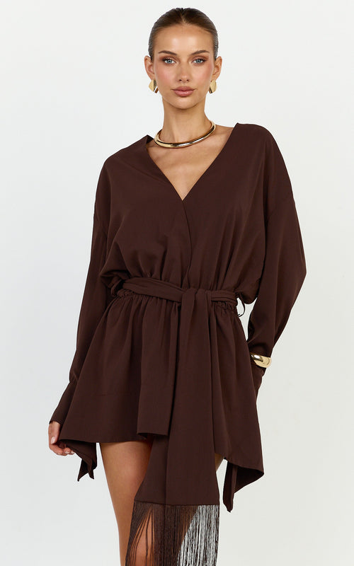 Ariette Mini Dress - Plunge Neck Fringe Detail Belt Dress in Chocolate