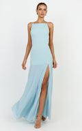 Ayla Maxi Dress - High Neckline Contrast Georgette Skirt Dress in Blue