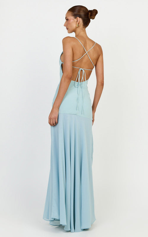 Ayla Maxi Dress - High Neckline Contrast Georgette Skirt Dress in Blue
