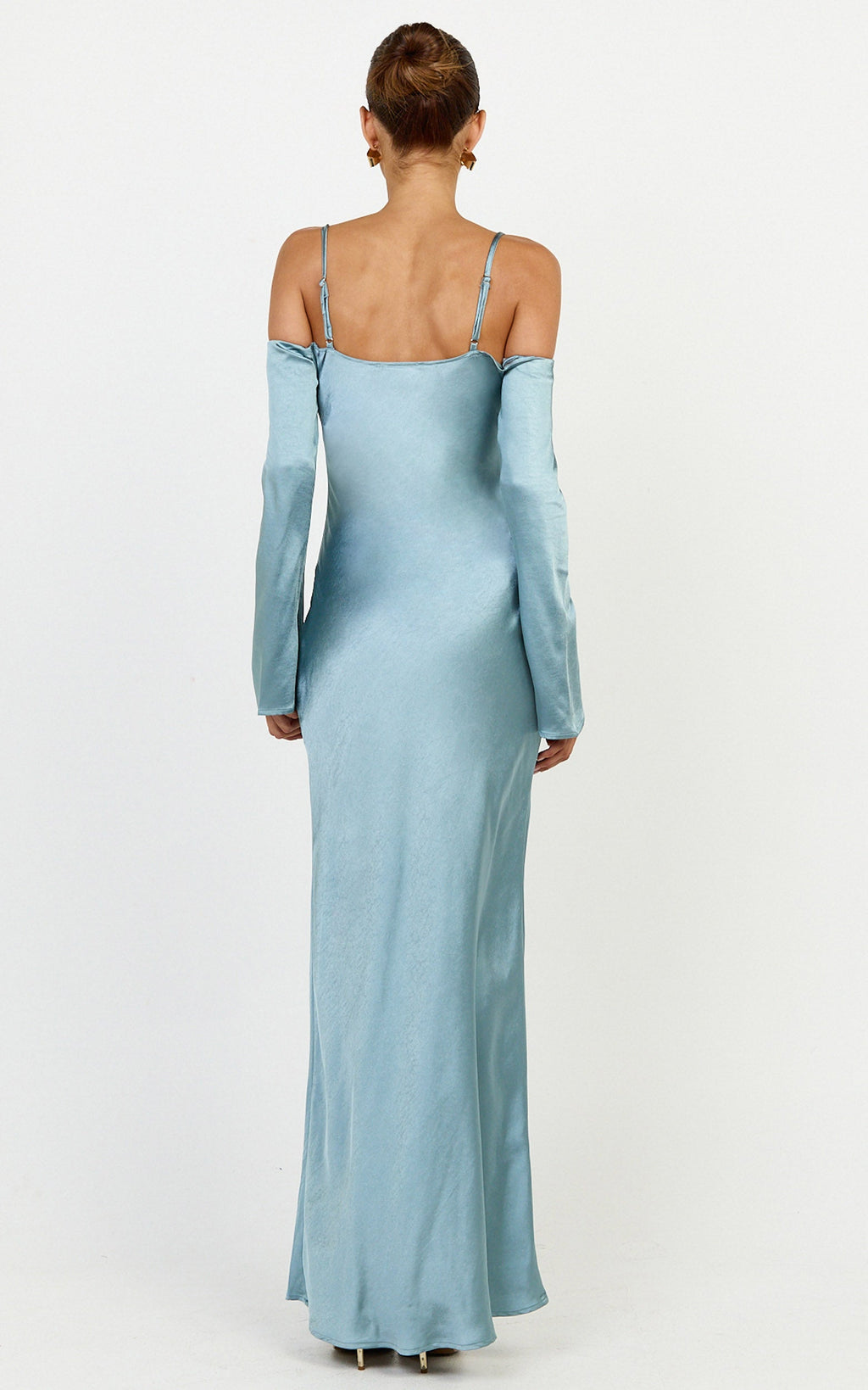 Isabella Maxi Dress - Off Shoulder Long Sleeve Satin Dress in Blue