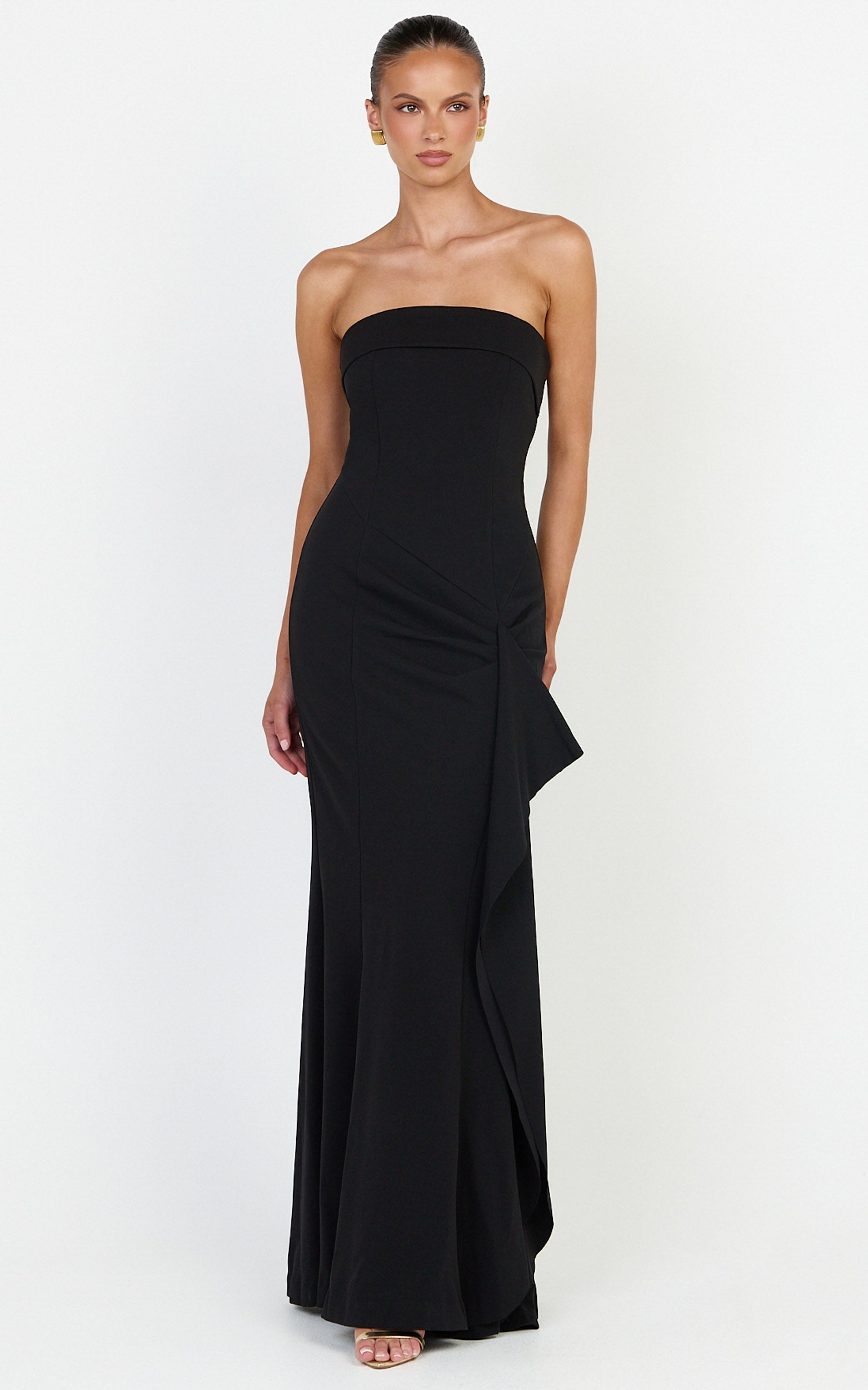 Leda Maxi Dress - Strapless Waterfall Sash Dress in Black