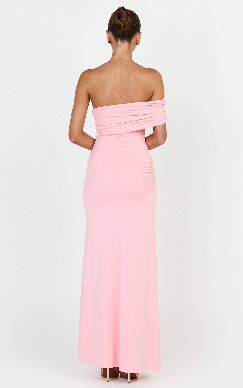 Opal Maxi Dress - Off Shoulder Gathered Bodice Fit And Flare Dress in Pink