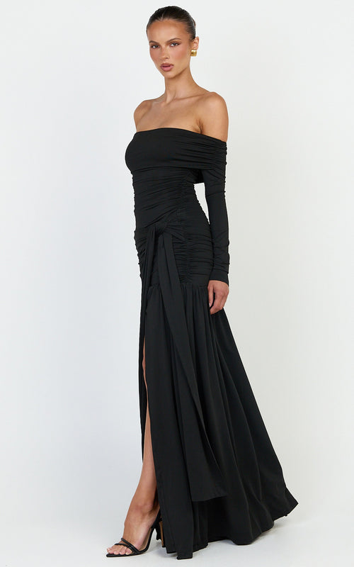 Amaya Maxi Dress - Off Shoulder Draped Long Sleeve Dress in Black