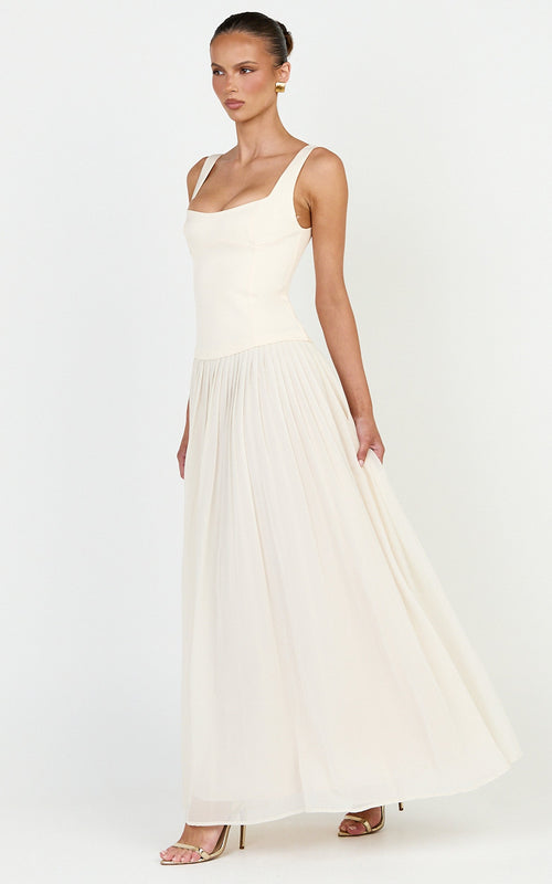 Amoura Maxi Dress - Square Neck Contrast Pleated Georgette Dress in Cream