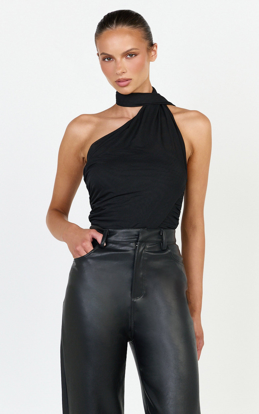 Lucienne Bodysuit - One Shoulder Draped Scarf Bodysuit in Black
