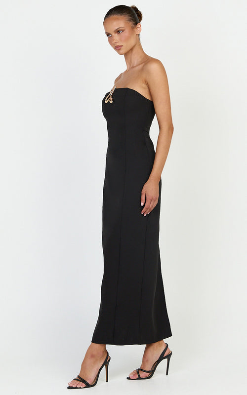 Aurea Maxi Dress - Strapless Gold Trim Column Dress in Black