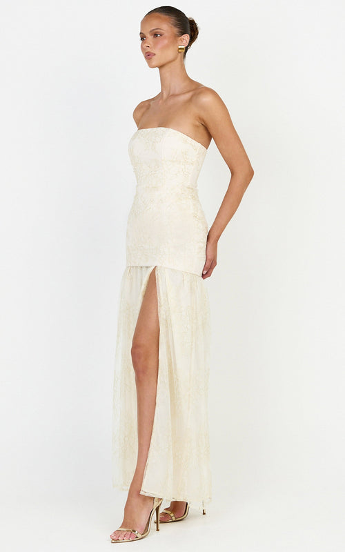 Brielle Maxi Dress - Strapless Gathered Fit & Flare Lace Dress in Champagne