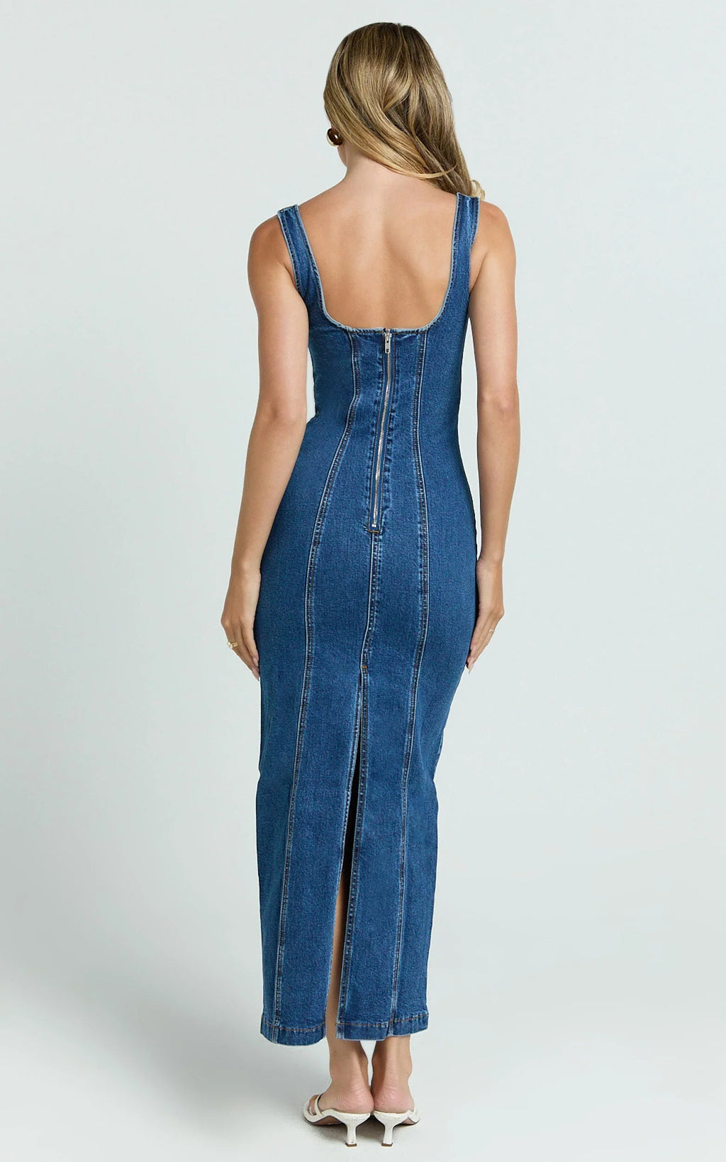 Kristie Maxi Dress - Wide Neck Corset Detail Denim Dress in Dark Blue Wash