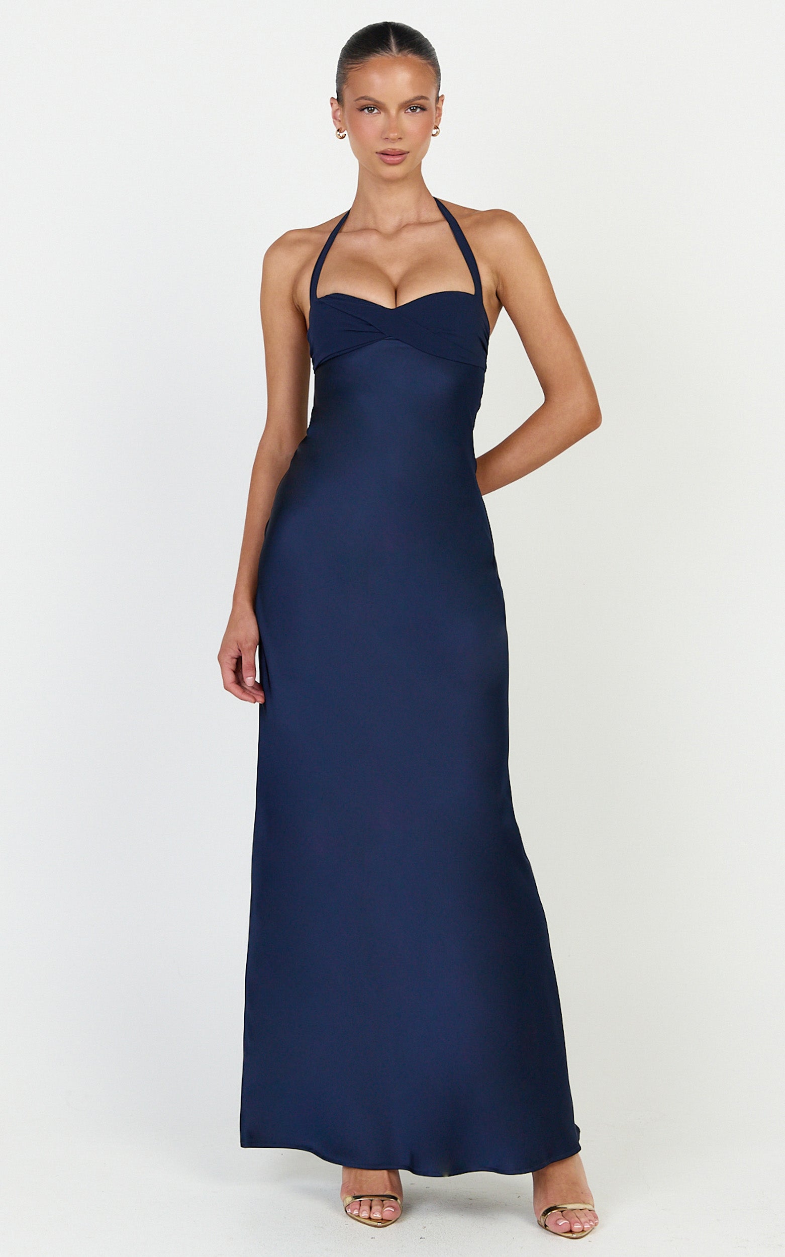 Flynn Maxi Dress - Satin Halter Sweetheart Neck Dress in Navy