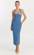 Skye Midi Dress - Halter Neck Panelled Denim Dress in Mid Blue Wash