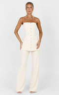Seina Two Piece Top and Pants Set - Strapless Long Line Top And Low Waisted Tapered Pants Set in Off White
