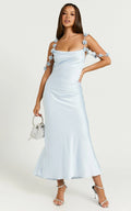 Lyka Midi Dress - Floral Straps Satin Dress in Light Blue