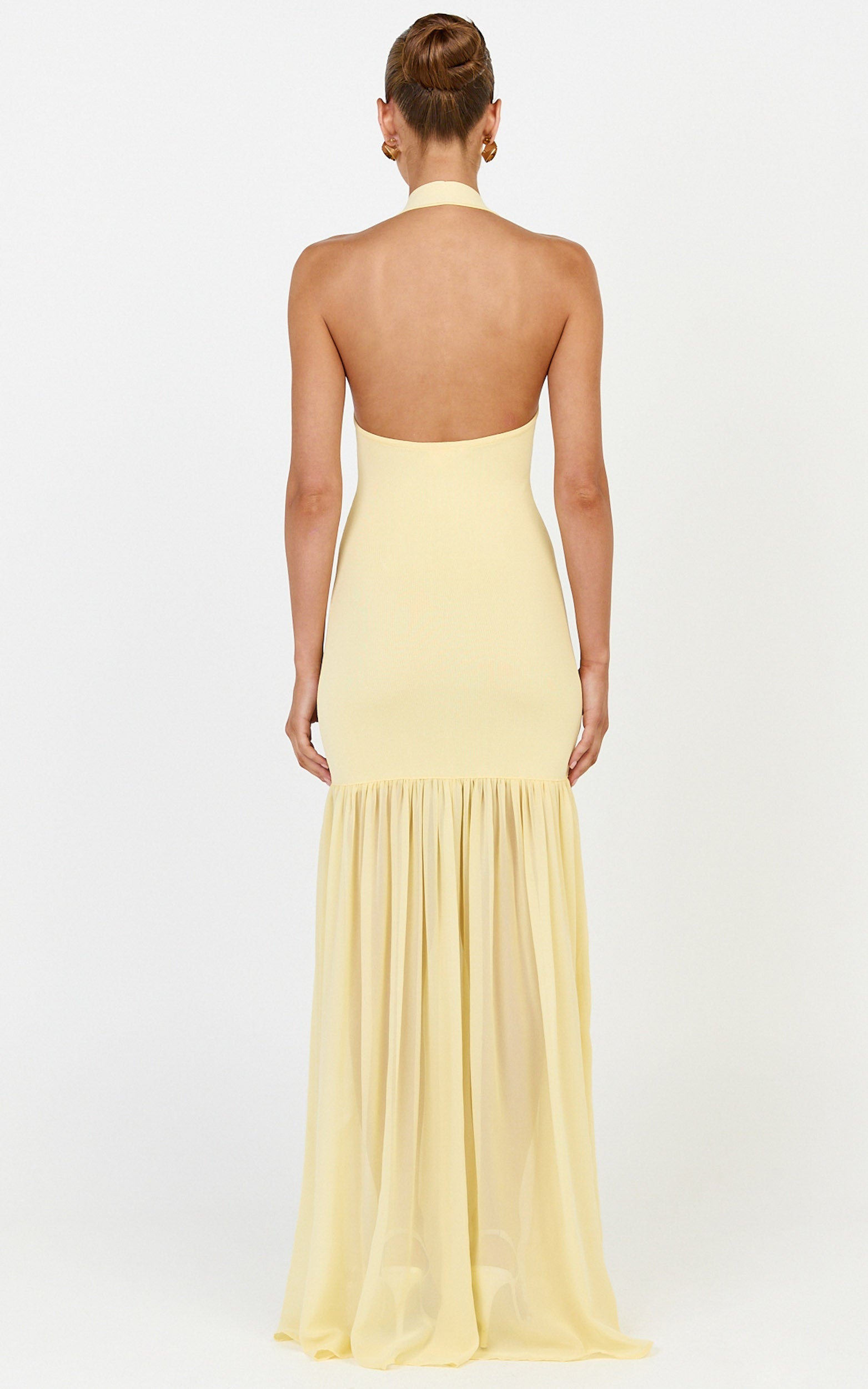 Barbara Maxi Dress - Halter Scoop Neck Contrast Georgette Dress in Lemon