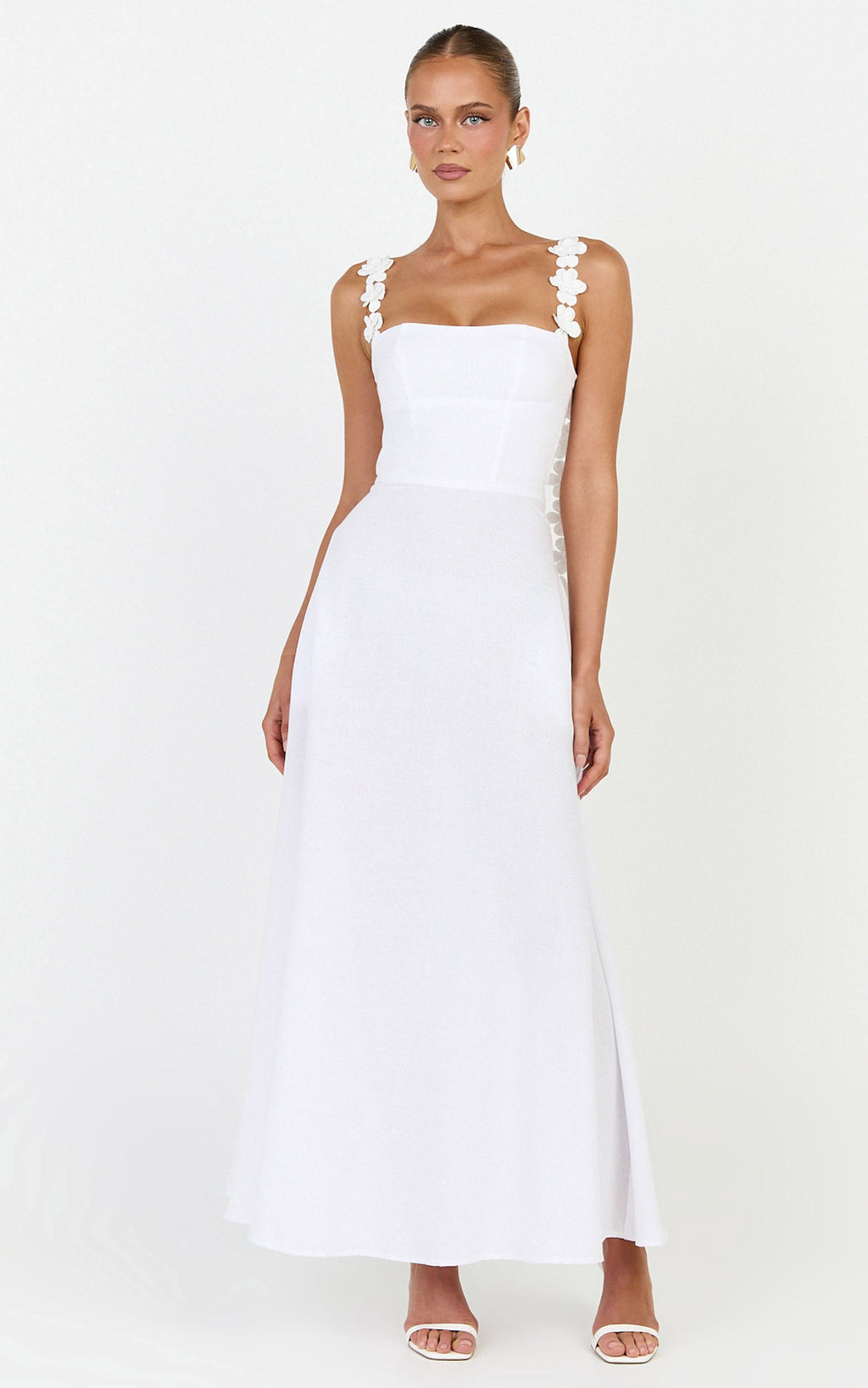 Clementine Midi Dress - 3D Floral Strap Dress in White