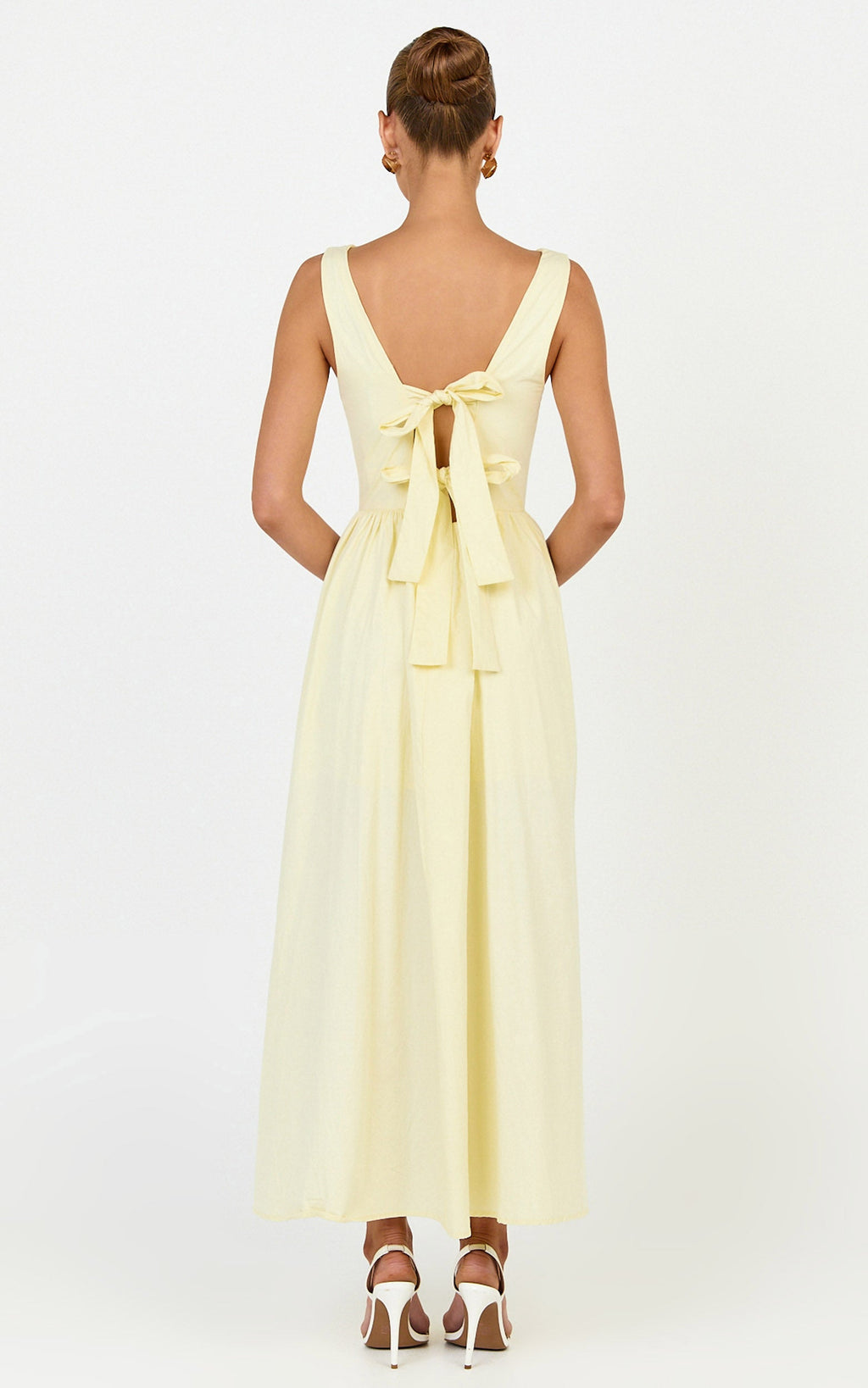Casina Midi Dress - Boat Neck Tie Back Fit And Flare Dress in Yellow