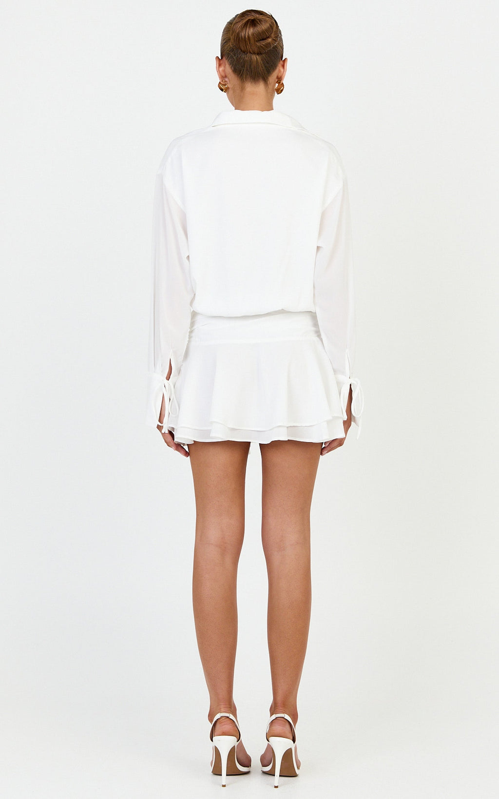 Melanie Mini Dress -  Tie Front Long Sleeve Shirt Dress in White