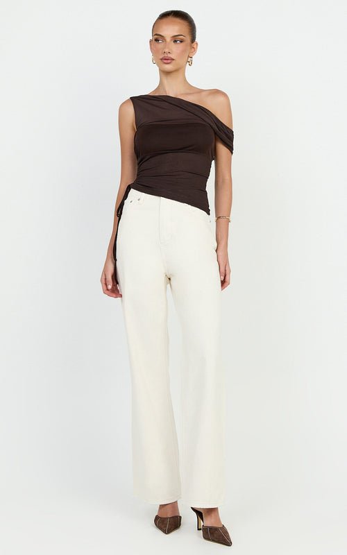 Astrid Top - Asymmetrical Off Shoulder Sleeveless Top in Chocolate