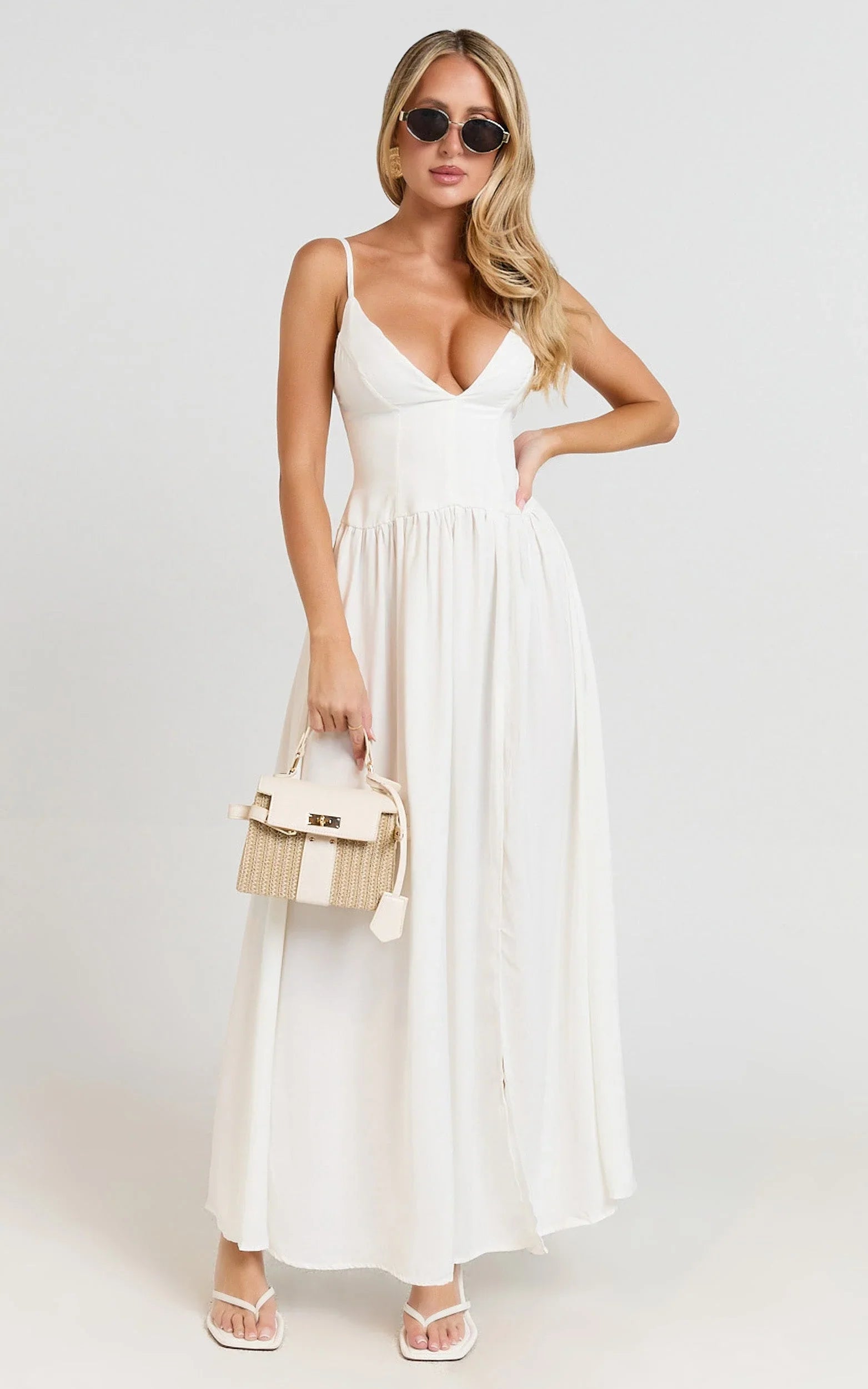 Jamilla Maxi Dress - Plunge Drop Waist High Leg Split Dress in Off White