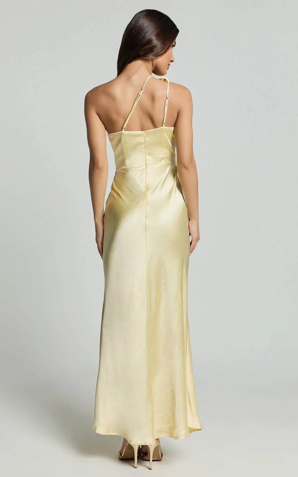 Estella Midi Dress - Asymmetrical Lace Detail Waist Slip Dress in Butter
