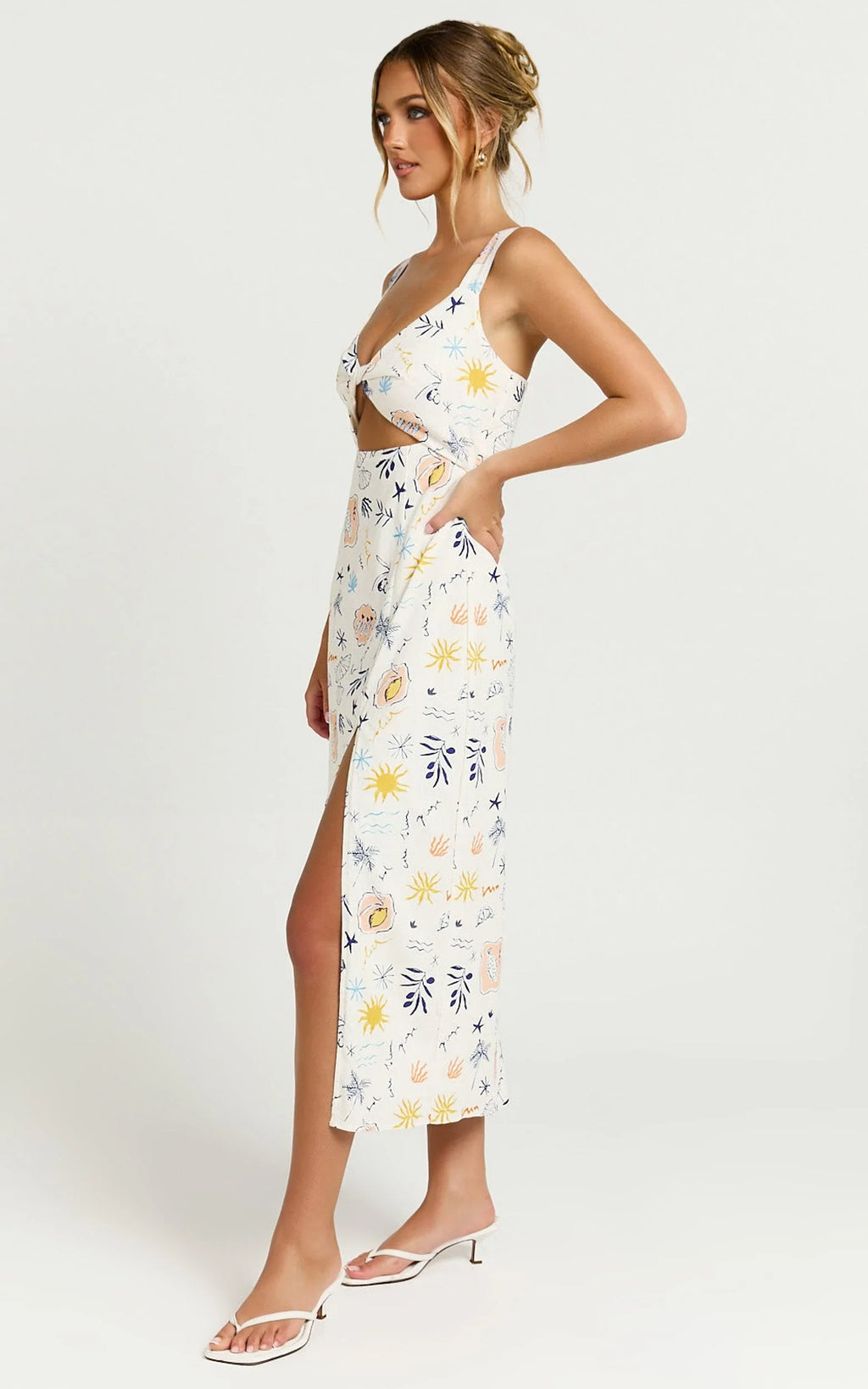 Nicola Midi Linen Blend Dress - Strappy Front Twist Cut Out Column Dress in Soleil Print