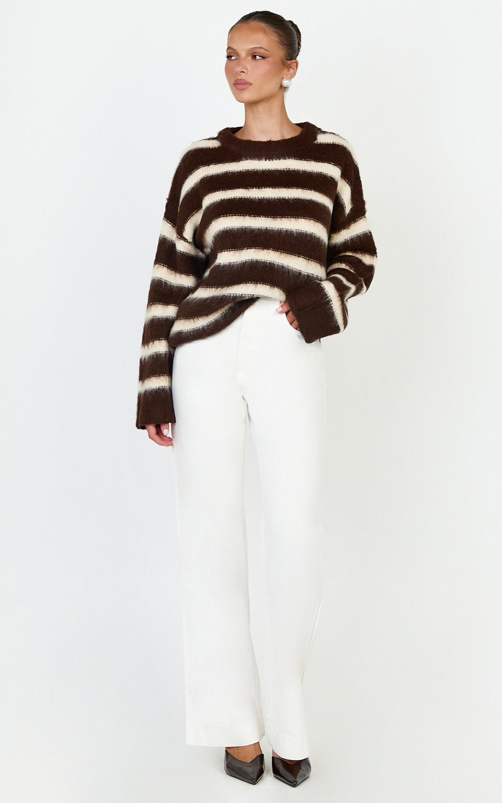 Aria Jumper - Fluffy Striped Knit Jumper in Chocolate