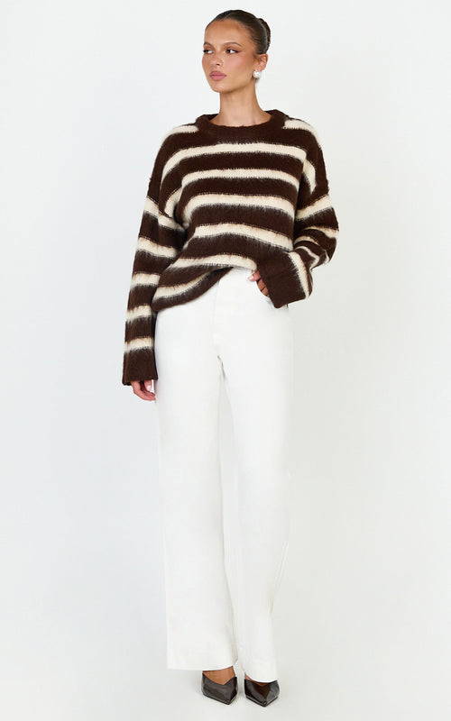 Aria Jumper - Fluffy Striped Knit Jumper in Chocolate