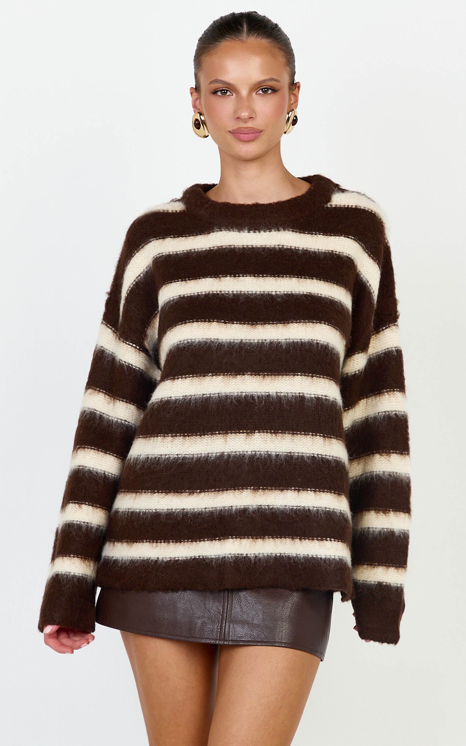 Aria Jumper - Fluffy Striped Knit Jumper in Chocolate