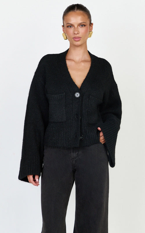 Becka Cardigan - Oversized Recycled Knitted Button Through Cardigan in Black